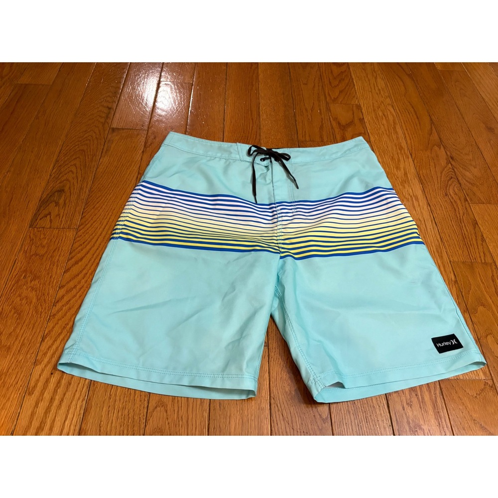 Hurley Mens Board Shorts Size 32 Aqua Blue Striped Swim Trunks Surf Beachwear